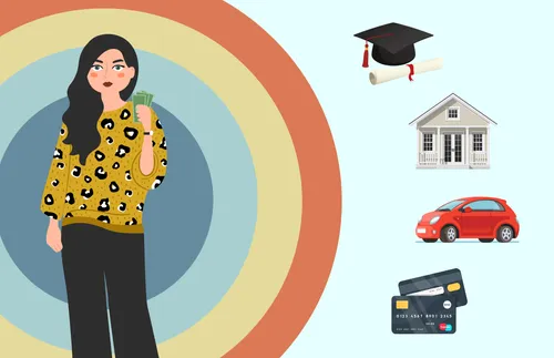 woman holding money, with finance-related items to the side