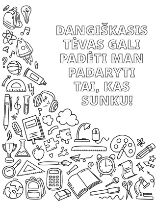 Spalvinimo puslapis su įvairiais mokykliniais reikmenimis ir kitais daiktais