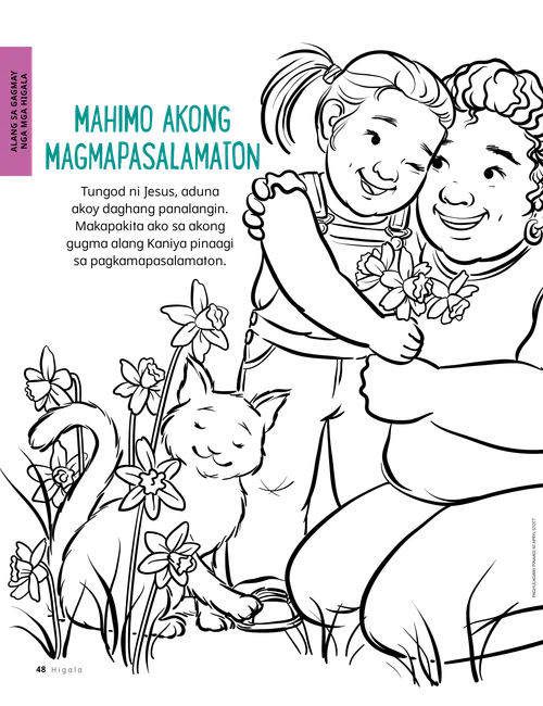 PDF nga pahina nga koloranan sa usa ka nagpahiyom nga batang babaye nga naggakos og hamtong nga babaye ug naghatag kaniya og mga bulak, nga sa duol adunay iring nga naglingkod