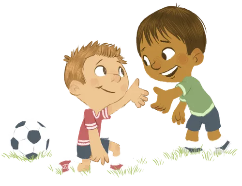 one boy helping up another boy at soccer