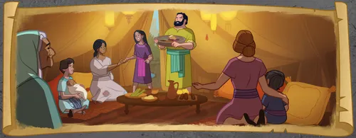 The boy and the girl have invited the woman and her baby to come inside a warm tent with their family.