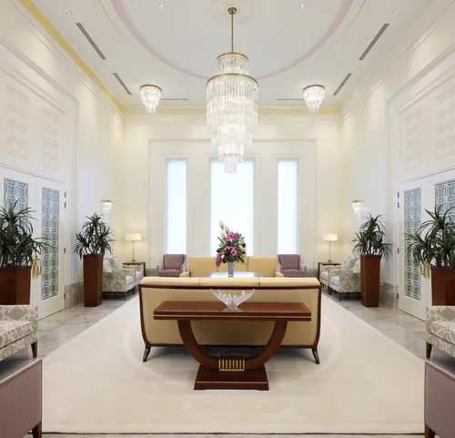 Interior image of the Abidjan Ivory Coast Temple featuring the Celestial Room. The image highlights the room as a whole. We see furniture around the room and the chandelier hanging from the ceiling.