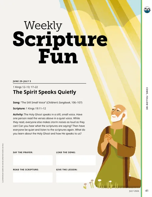 Page PDF with illustration of Naaman in the river, and an paper cube cutout activity