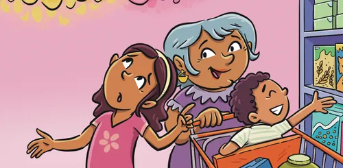 Margo looks worried as Grandma continues to push the shopping cart. Baby Lucas reaches for something on the shelf.