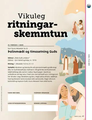 PDF síða með myndskreytingum af Abraham, Söru og barnungum Ísak
