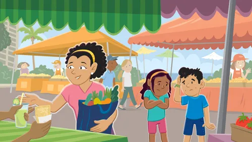 Mom, Margo, and Paolo at a market