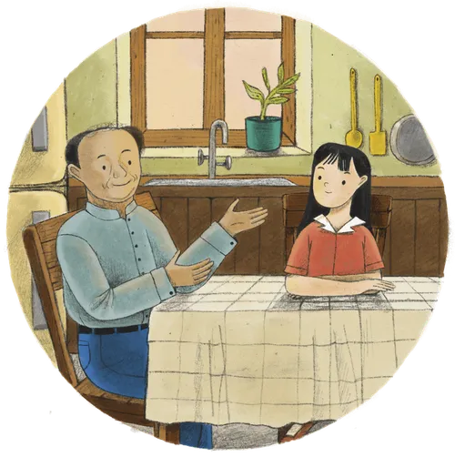 Man and girl sitting at a table and talking