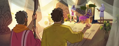 Ilustración de Moisés y Aarón hablando con Faraón