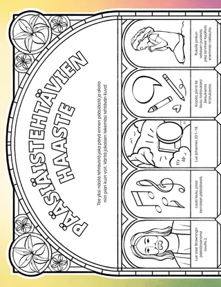 Tehtävien PDF, jossa on pääsiäisaiheisia väritettäviä kuvia