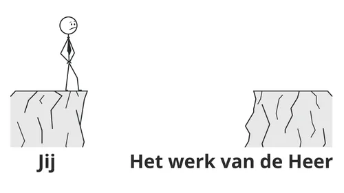 poppetje staat op een richel met een opening tussen de rand en de andere kant, met het opschrift ‘het werk van de Heer’