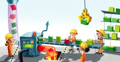 factory workers sorting boxes