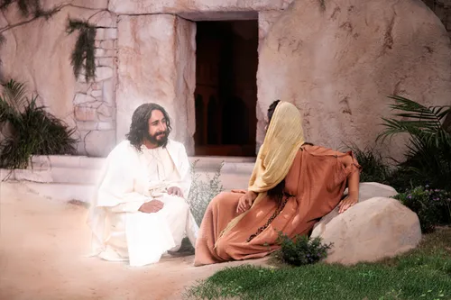 Depiction of the resurrected Jesus Christ appearing to Mary outside the tomb. Detail from the Easter 2026 campaign.