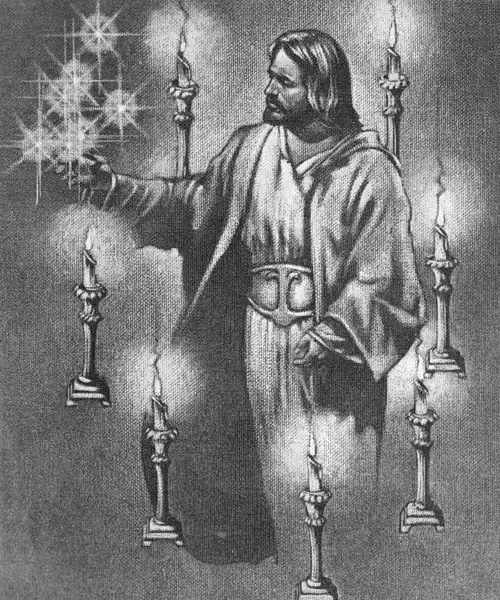 Jesus Christ holding His hand out with seven lights over it, surrounded by seven candles