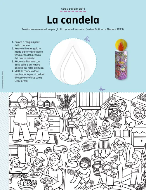 Illustrazioni che mostrano come realizzare una candela di carta, e una pagina da colorare raffigurante delle persone gentili