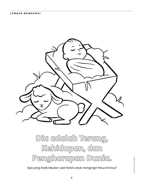 Halaman mewarnai PDF bayi Yesus dalam palungan dan anak domba