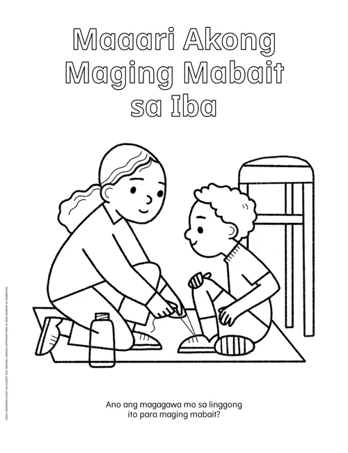 PDF ng pahinang kukulayan ng isang batang babae na nagtatali ng sapatos ng isang batang lalaki