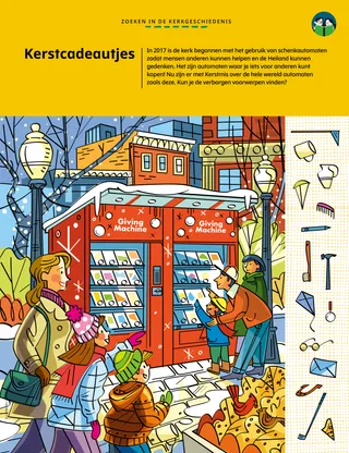 Pdf met mensen bij schenkautomaten in de kersttijd, met verborgen voorwerpen