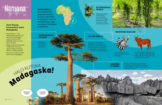 Ukurasa wa PDF ukiwa na ramani ndogo ya Afrika na picha za miti ya mbuyu, maumbo ya miamba, mimea ya vanilla, komba, na zebu