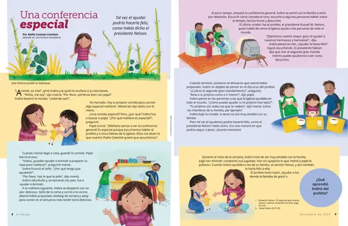 Página en PDF de una niña con su familia viendo la conferencia general y pasando tiempo juntos