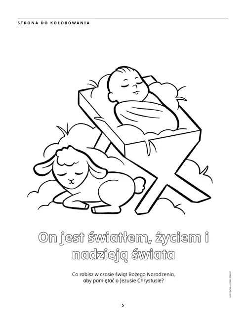 Kolorowanka PDF przedstawiająca Dzieciątko Jezus w żłóbku i baranka