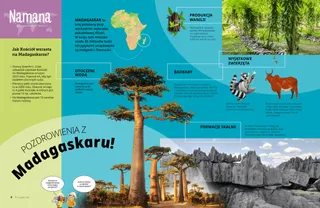 Strona PDF z małą mapą Afryki i zdjęciami baobabów, formacji skalnych, wanilii, lemura i zebu