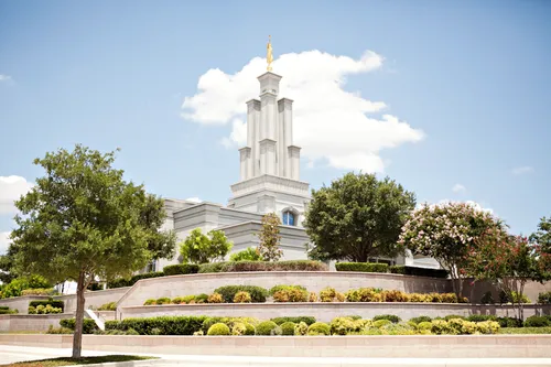 The San Antonio Texas Temple, with a view of the grounds surrounding the temple, including trees and bushes.