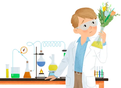 boy in lab coat holding up flowers