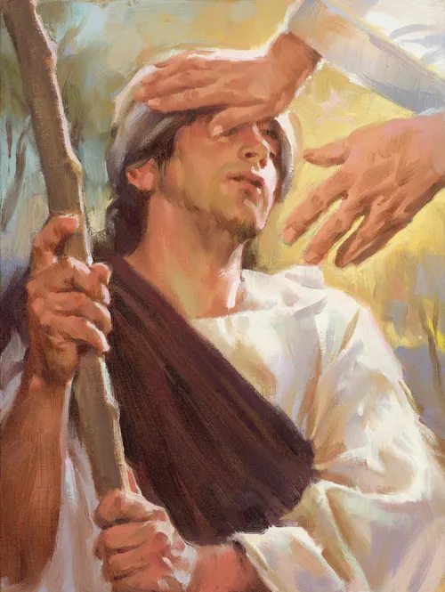 A painting showing Christ placing His hands on the eyes of a blind man.