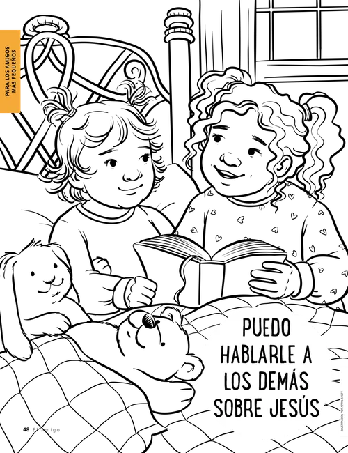 Página para colorear en PDF de una niña leyendo las Escrituras a otra niña más pequeña en la cama