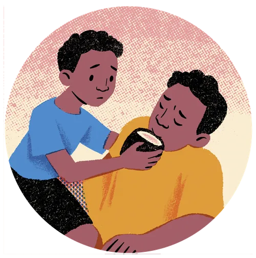 boy helping sick dad drink