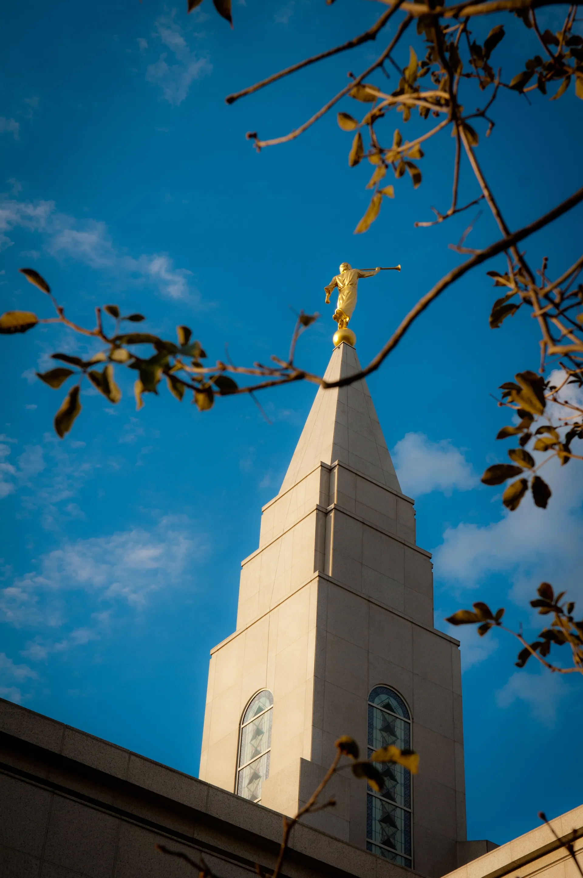 The angel Moroni stands on top of the spire of the Campinas Brazil Temple.