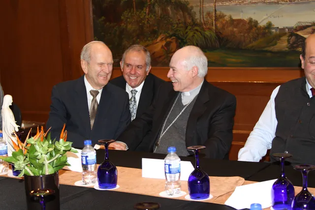 President Russell M. Nelson of the Quorum of the Twelve Apostles met with Cardinal Carlos Aguiar Retes, Monday, February 20, 2017, as part of a series of meetings in Mexico. A translator sits in the background.
