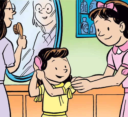 A little girl brushes her hair as her sister helps her with her dress and their mother stands at a mirror and brushes her own hair.