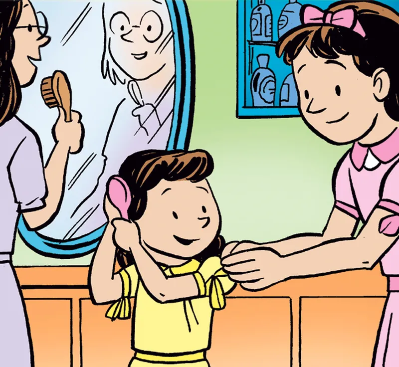 A little girl brushes her hair with her mother and sister standing on each side of her.