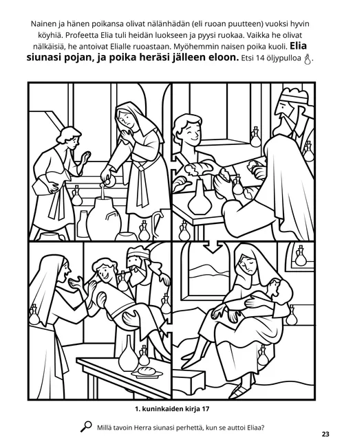 PDF-värityskuva, jossa on Elia syömässä naisen ja tämän pojan kanssa sekä Elia parantamassa pojan