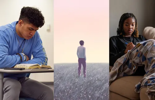 a composite image of young adults praying, studying, and pondering