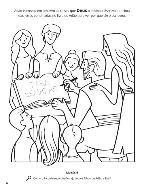 Página em PDF para colorir mostrando Adão escrevendo em um livro com crianças ao seu redor