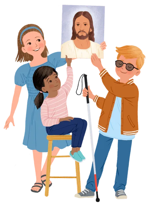 Image of children holding a picture of Jesus Christ
