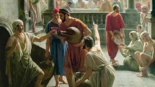 men in awe that Jesus has turned their water to wine