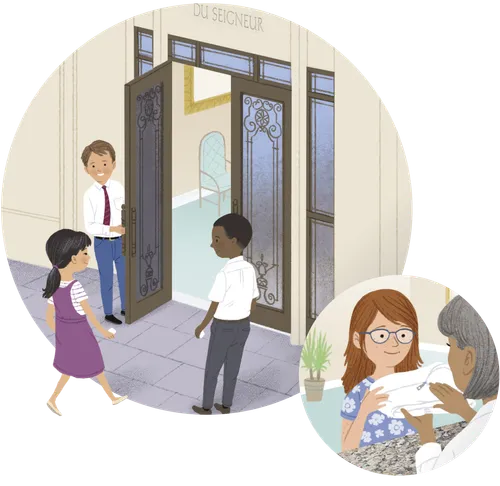 Children entering a temple