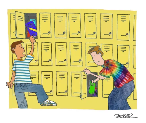 short boy with high locker and tall boy with low locker