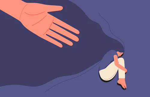 hand outstretched to a sad woman