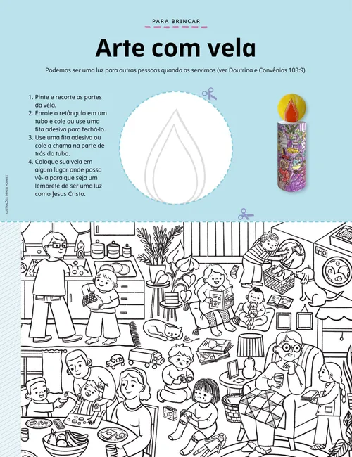 Ilustrações mostrando como fazer um artesanato com velas de papel, além de uma atividade de colorir de pessoas sendo gentis