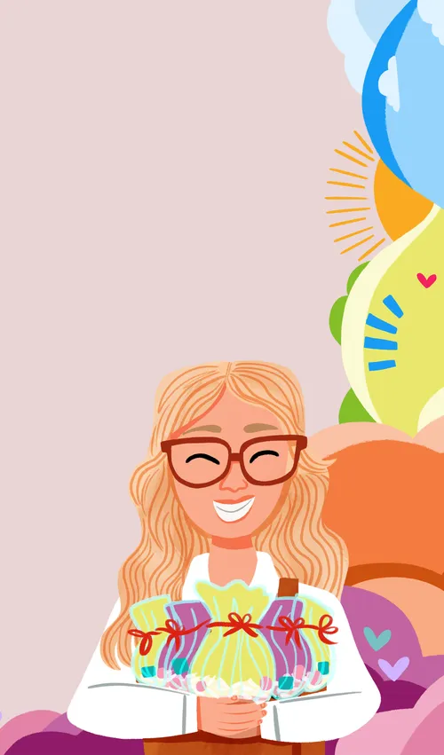 Illustration of smiling girl holding a gift bag