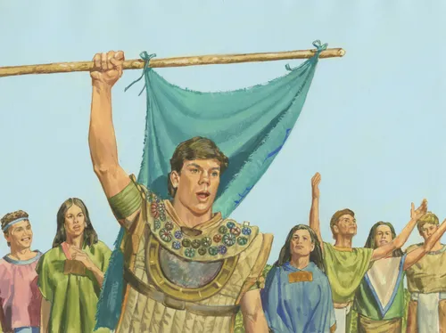 A painting by Jerry Thompson depicting Captain Moroni raising one arm high, holding the title of liberty with people watching in the background.