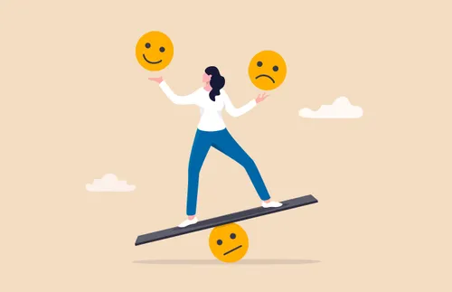 a woman holding a smiley face in one hand and a frowning face in the other