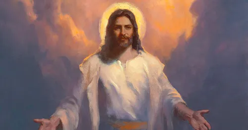Jesus standing amid clouds