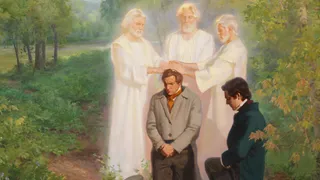Peter, James, and John conferring Melchizedek Priesthood upon Joseph Smith, with Oliver Cowdery kneeling at Joseph Smith's side. They are in a grove of trees and plants.
