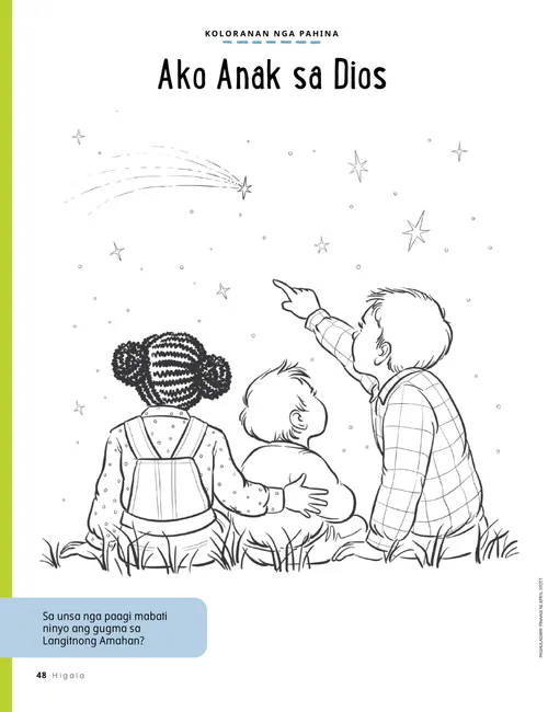 Koloranan nga pahina nga PDF sa tulo ka bata nga naglingkod sa sagbot nga nagtan-aw sa mga bitoon sa langit