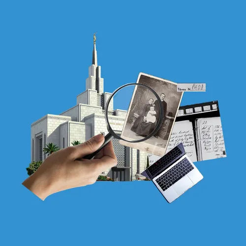 a collage composed of a temple, a magnifying glass, and family history records